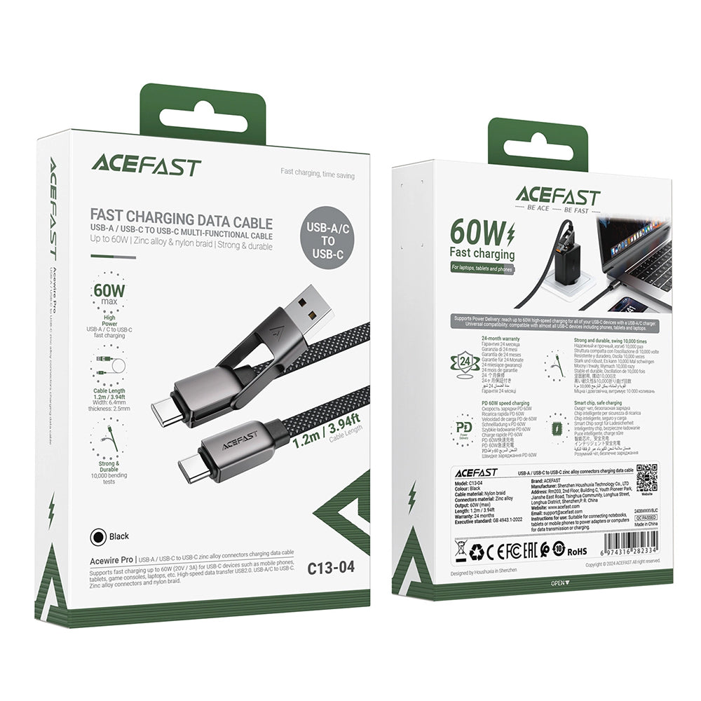 Acefast - Data Cable (C13-04) - Fast Charge, Type-C to USB, Type-C, 60W, 3A, Bend-Resistant, Zinc Alloy, 1.2m - Black