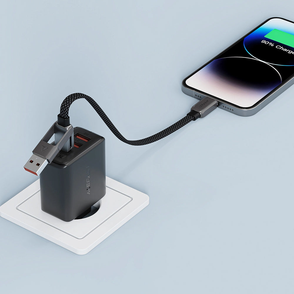 Acefast - Data Cable (C13-05) - Fast Charge, Type-C to USB, Type-C, 60W, 3A, Bend-Resistant, Short Design, 0.2m - Black