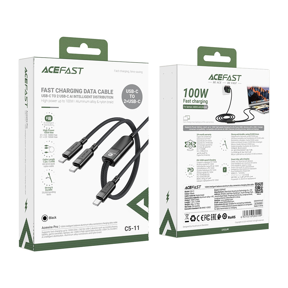 Acefast - Data Cable (C5-11) - Fast Charging, USB-C to 2x Type-C, 2in1, 100W, 20V/5A, 480Mb/s, 1.2m - Black