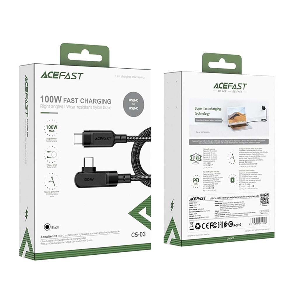 Acefast - Data Cable (C5-03) - Fast Charging, Type-C to Type-C, 100W, 5A, Right Angle Design, Nylon Braid, 2m - Black