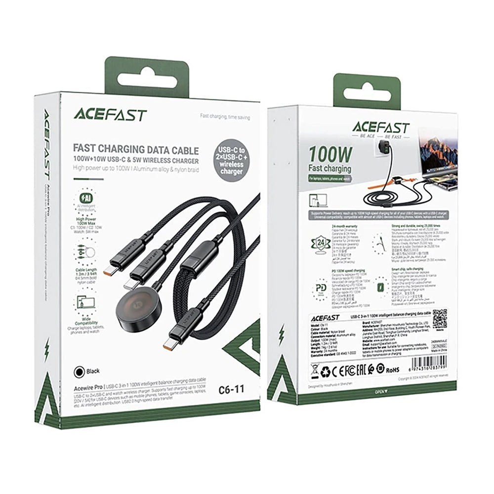Acefast - Data Cable (C6-11) - Fast Charging, 2x Type-C, Wireless Charger to USB-C, 3in1, 100W, 5A, 5W, 480Mb/s, 1.2m - 