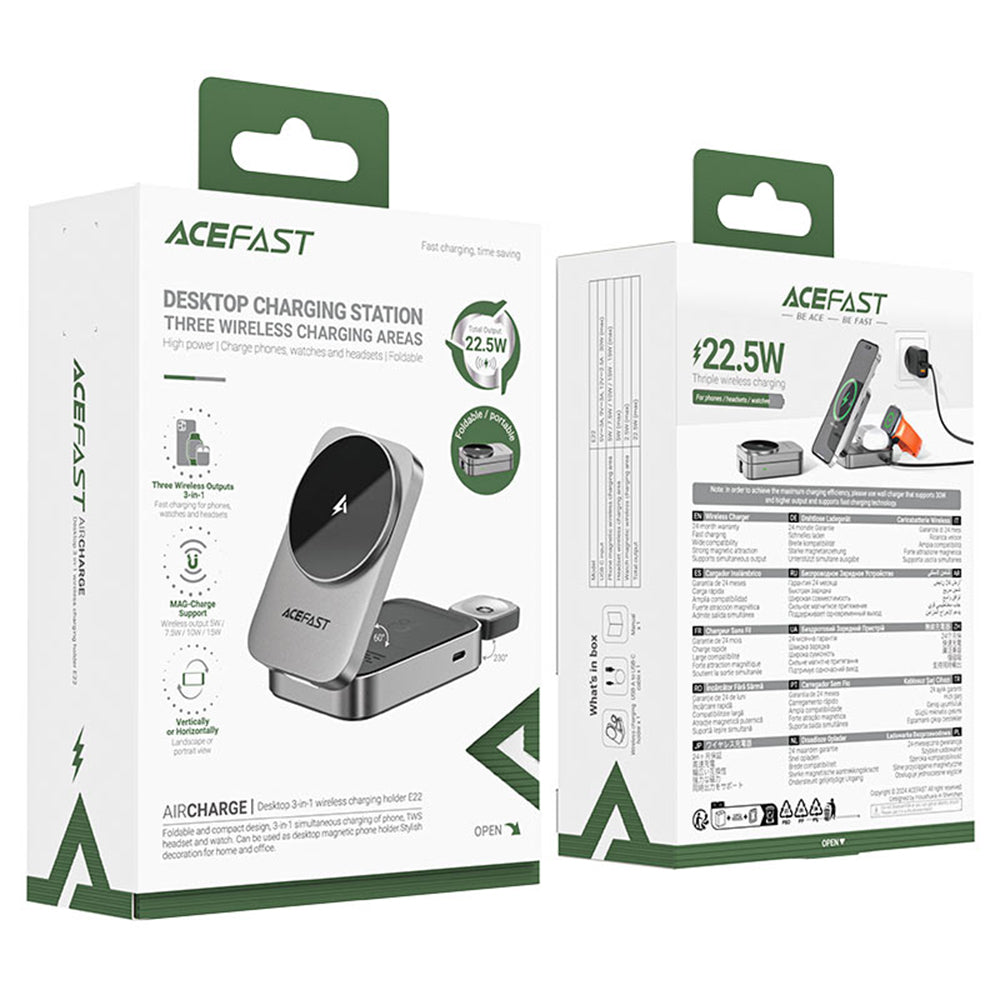 Acefast Incarcator Acefast Charging Station 3in1 (E22), for Phone, Earbuds, Apple Watch, 22.5W, 2.5A, Foldable, Metal Gr
