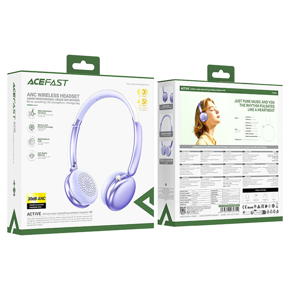 Acefast - Wireless Headset (H8) - Type-C, Bluetooth 5.4, ANC Mode, Hybrid Noise Reduction, 500mAh, Professional HiFi - P