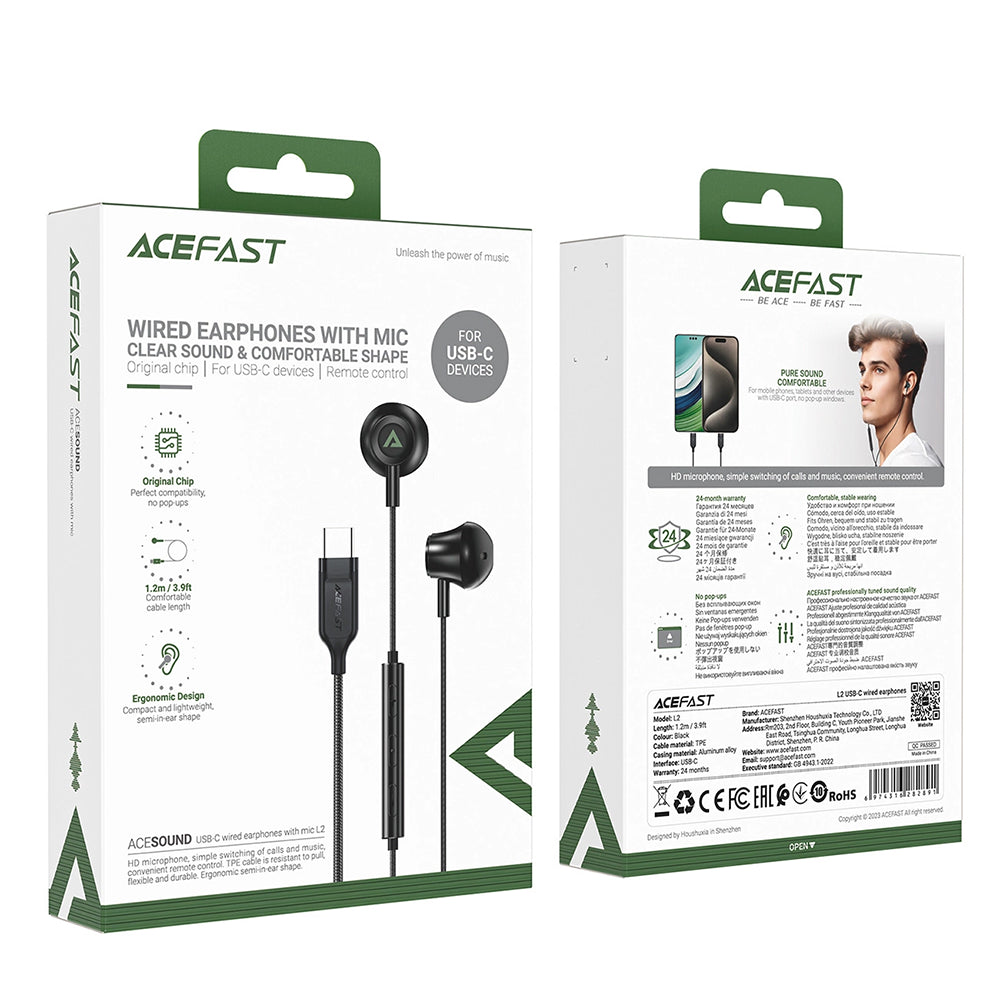 Acefast - Wired Earphones (L2) - Type-C, Half-In-ear, with Microphone, Remote Control, Flexible Body, 1.2m - Black