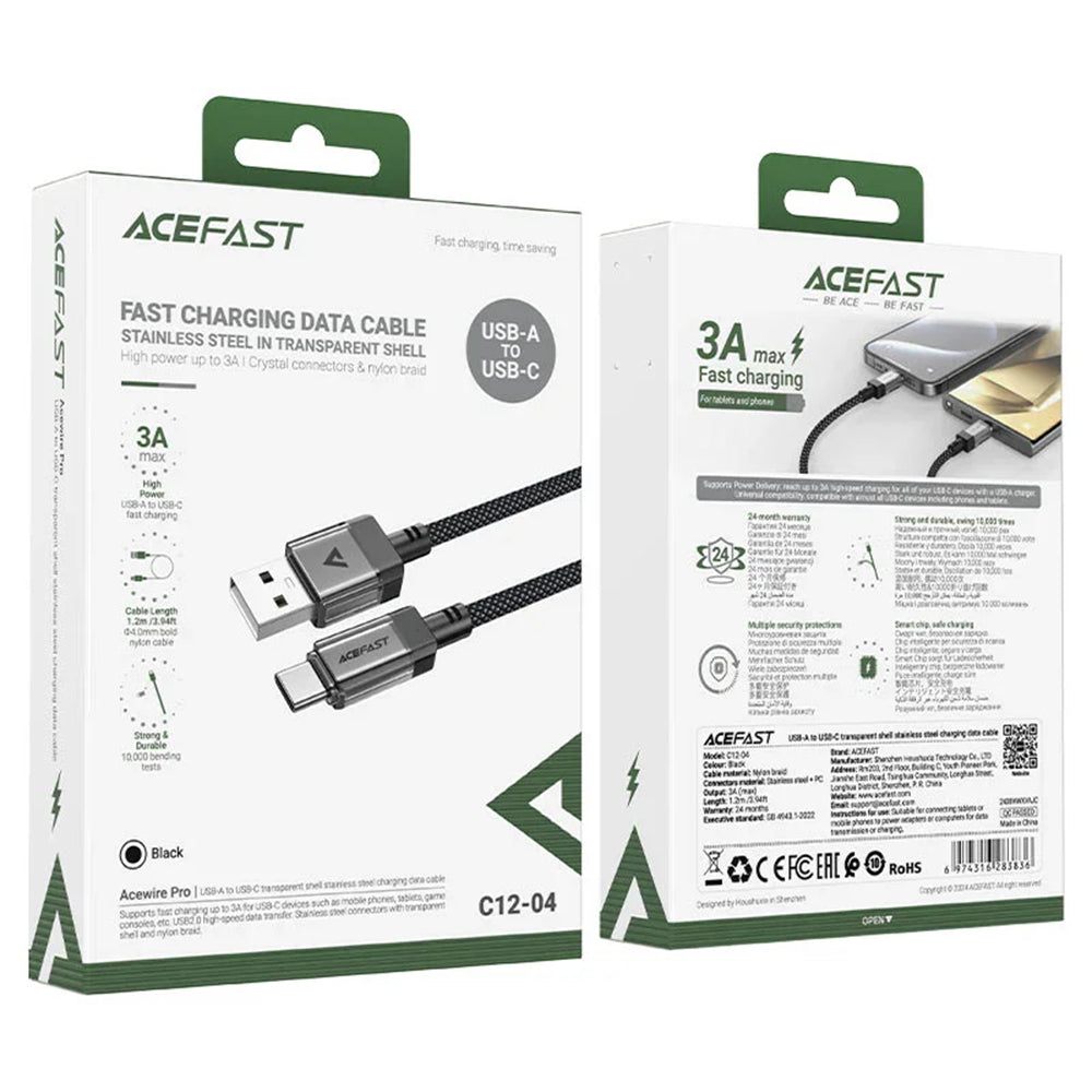 Acefast - Data Cable (C12-04) - Fast Charging, USB to Type-C, 3A, Transparent Shell, Braided Nylon, 1.2m - Black