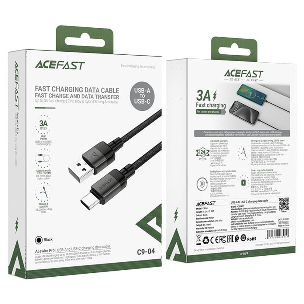 Acefast - Data Cable (C9-04) - USB to Type-C, Fast Charging, 3A, Braided Nylon, 25.000 Bends, 1.2m - Black
