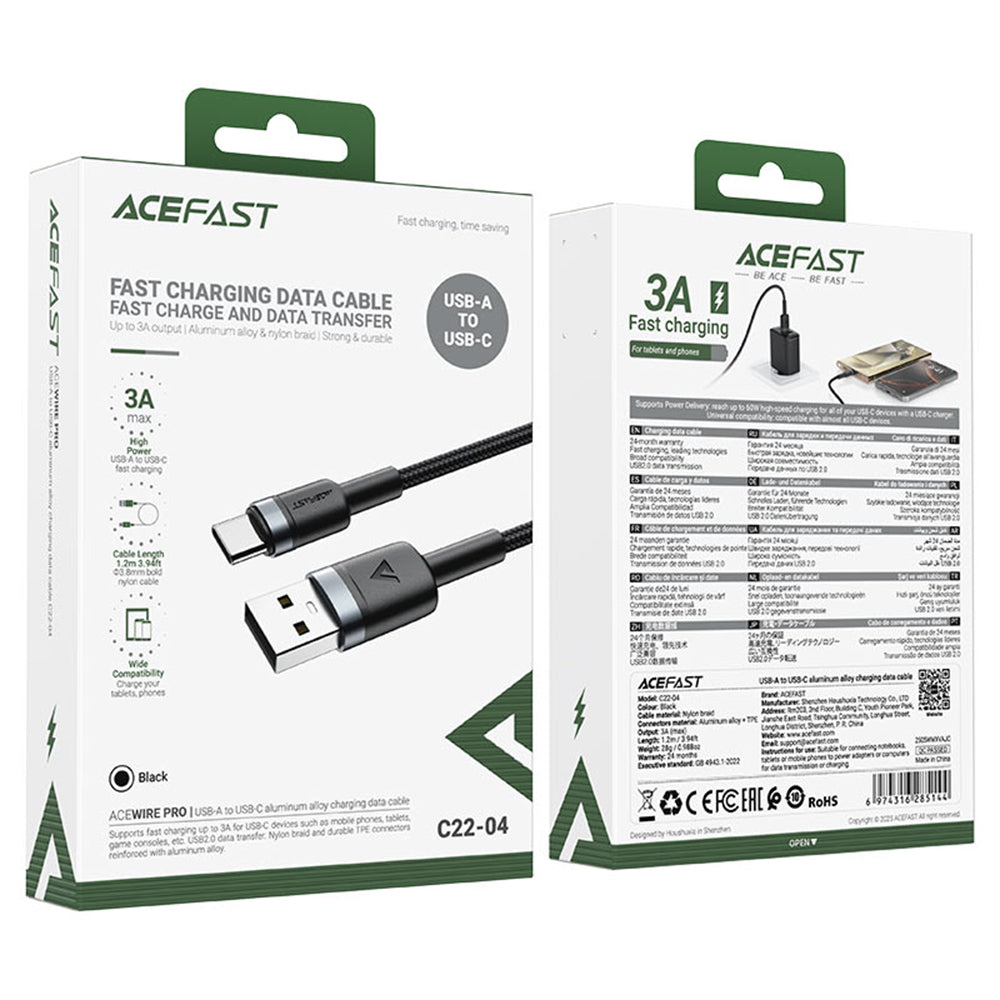 Acefast - Data Cable (C22-04) - Fast Charge, USB to Type-C, 3A, Bend-Resistant, Wide Compatibility, Nylon Braid, 1.2m - 