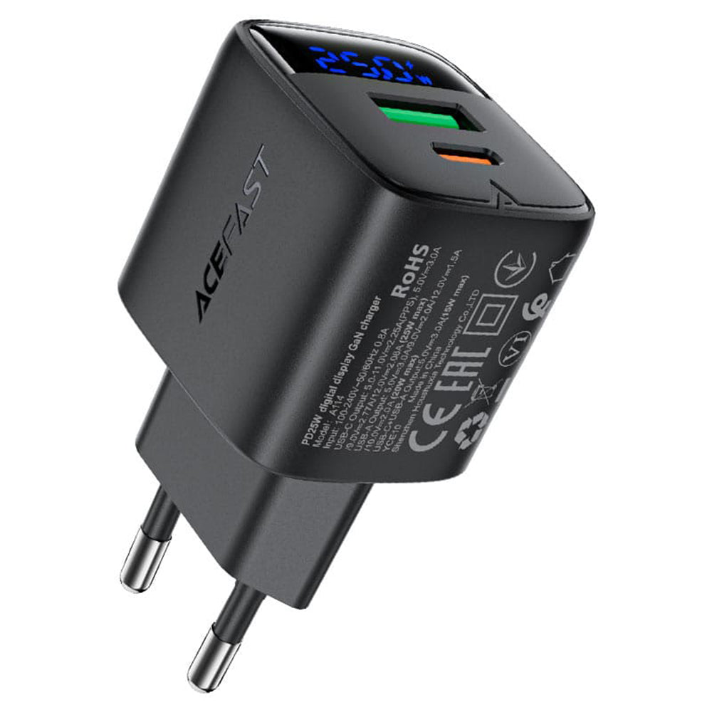 Acefast - Wall Charger (A114) - with Digital Display, Fast Charging, GaN, USB, Type-C, PD25W, 5V/3A - Black