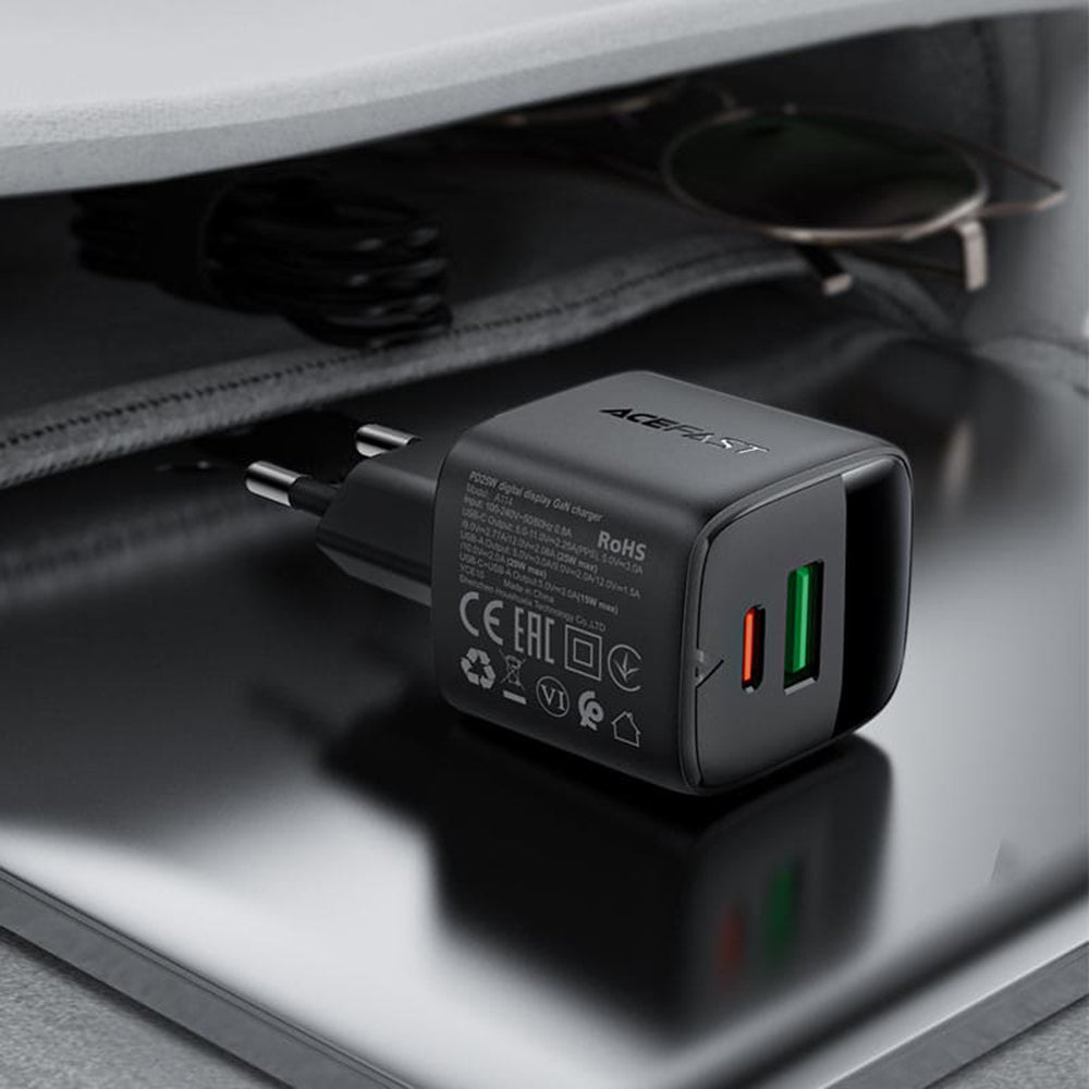 Acefast - Wall Charger (A114) - with Digital Display, Fast Charging, GaN, USB, Type-C, PD25W, 5V/3A - Black