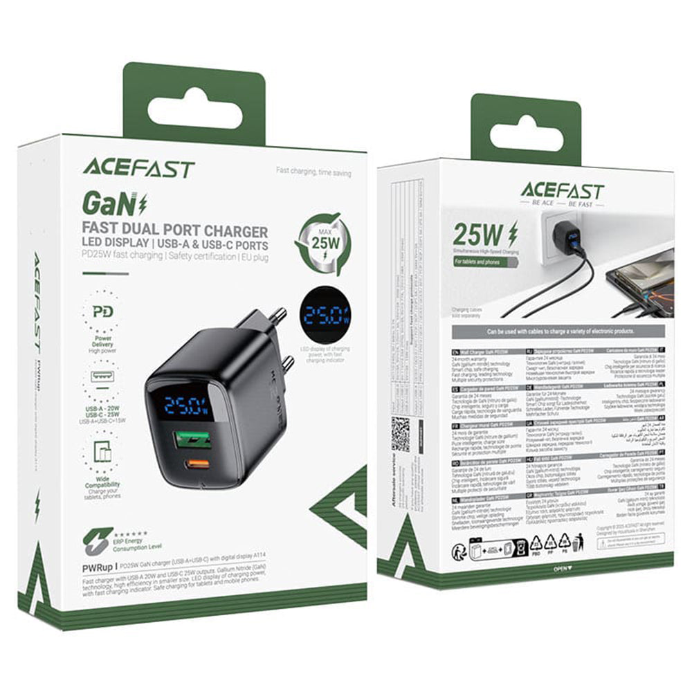 Acefast - Wall Charger (A114) - with Digital Display, Fast Charging, GaN, USB, Type-C, PD25W, 5V/3A - Black