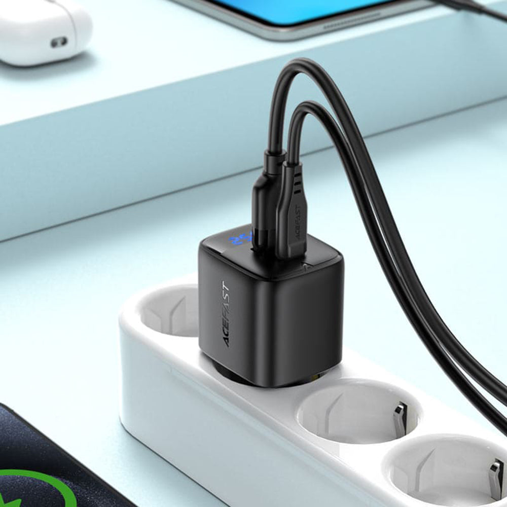 Acefast - Wall Charger (A114) - with Digital Display, Fast Charging, GaN, USB, Type-C, PD25W, 5V/3A - Black