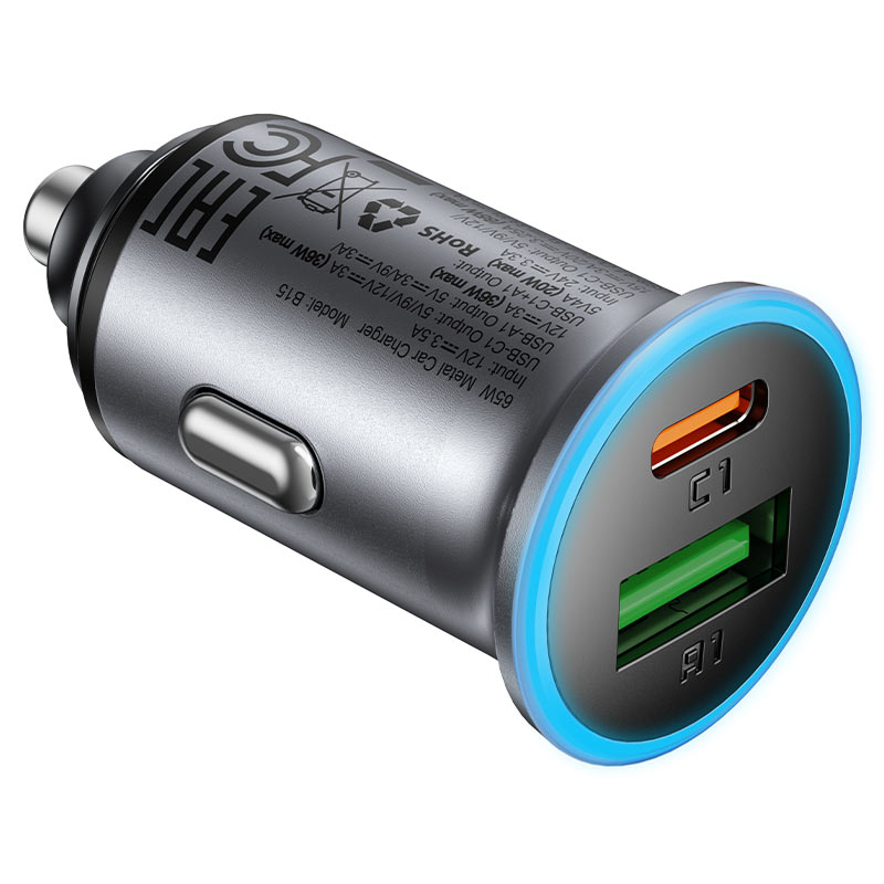 Acefast - Car Charger (B15) - Fast Charge, USB, Type-C, 65W, Aluminium Alloy - Metal Gray