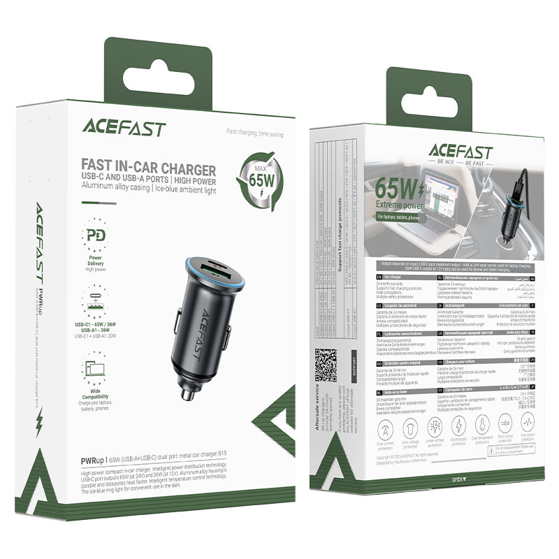 Acefast - Car Charger (B15) - Fast Charge, USB, Type-C, 65W, Aluminium Alloy - Metal Gray