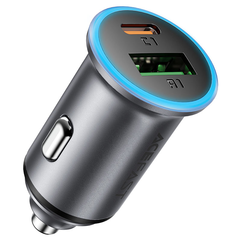 Acefast - Car Charger (B15) - Fast Charge, USB, Type-C, 65W, Aluminium Alloy - Metal Gray
