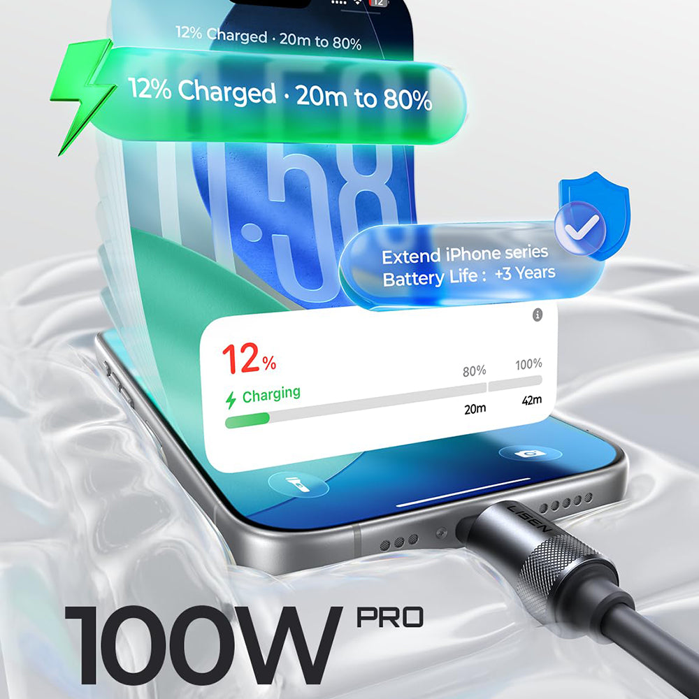 Lisen - Data Cable L115 (YL0125040001) - Type-C to Type-C, Fast Charging, 100W, 480Mbps, Aluminum Alloy, Silicone, 3m - 