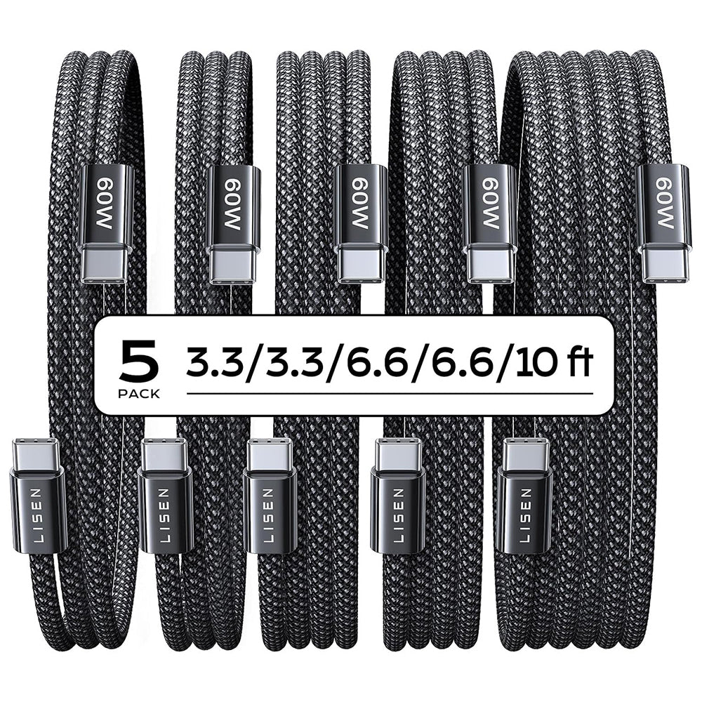 Lisen - (5 pack) Data Cable (YL0123070010) - Type-C, 60W, 480Mbps, Fast Charging, Braided, 1m/1m/2m/2m/3m - Black