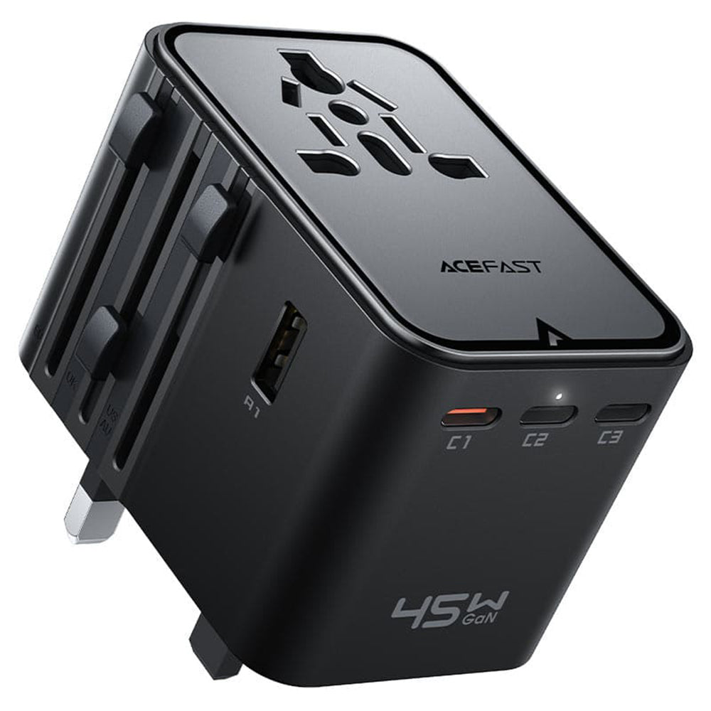 Acefast - Travel Adapter (Z8) - 3x USB-C, 2x USB, EU, UK, AUS, US, 45W, GaN Technology, Fast Charging - Black