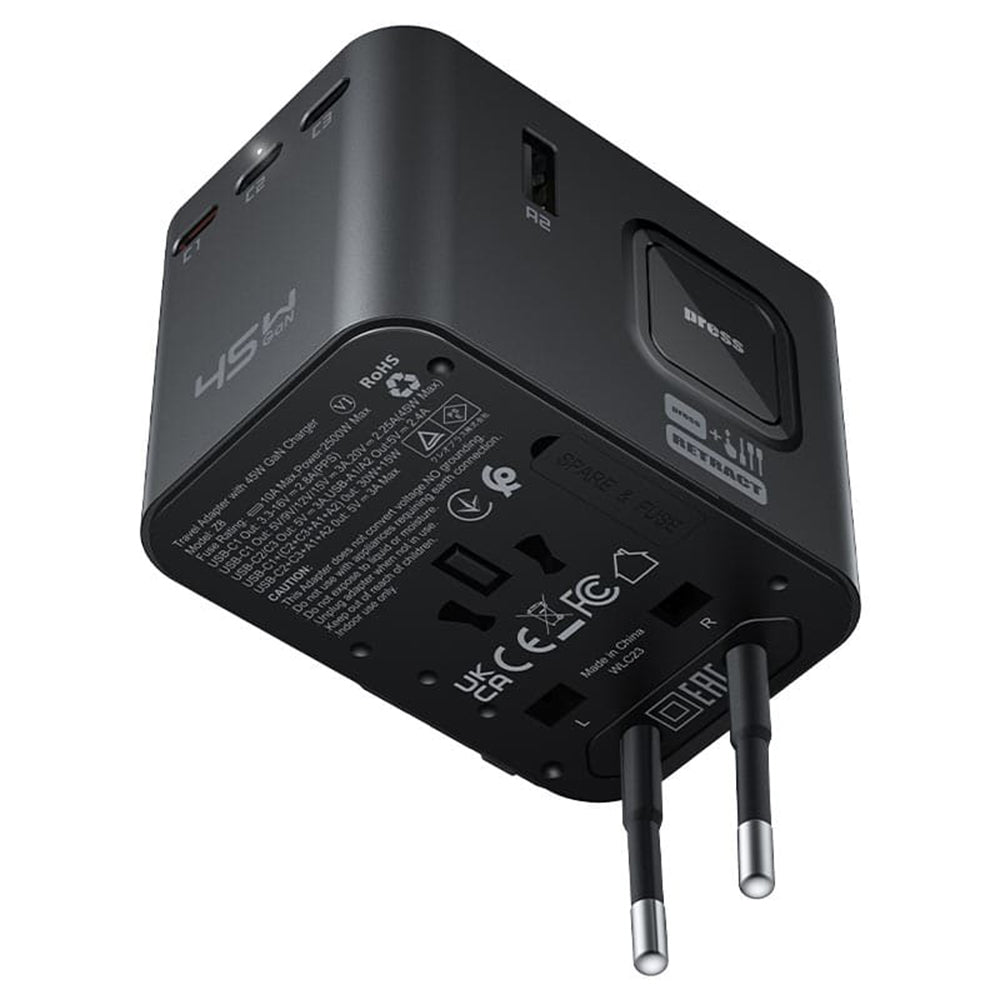Acefast - Travel Adapter (Z8) - 3x USB-C, 2x USB, EU, UK, AUS, US, 45W, GaN Technology, Fast Charging - Black