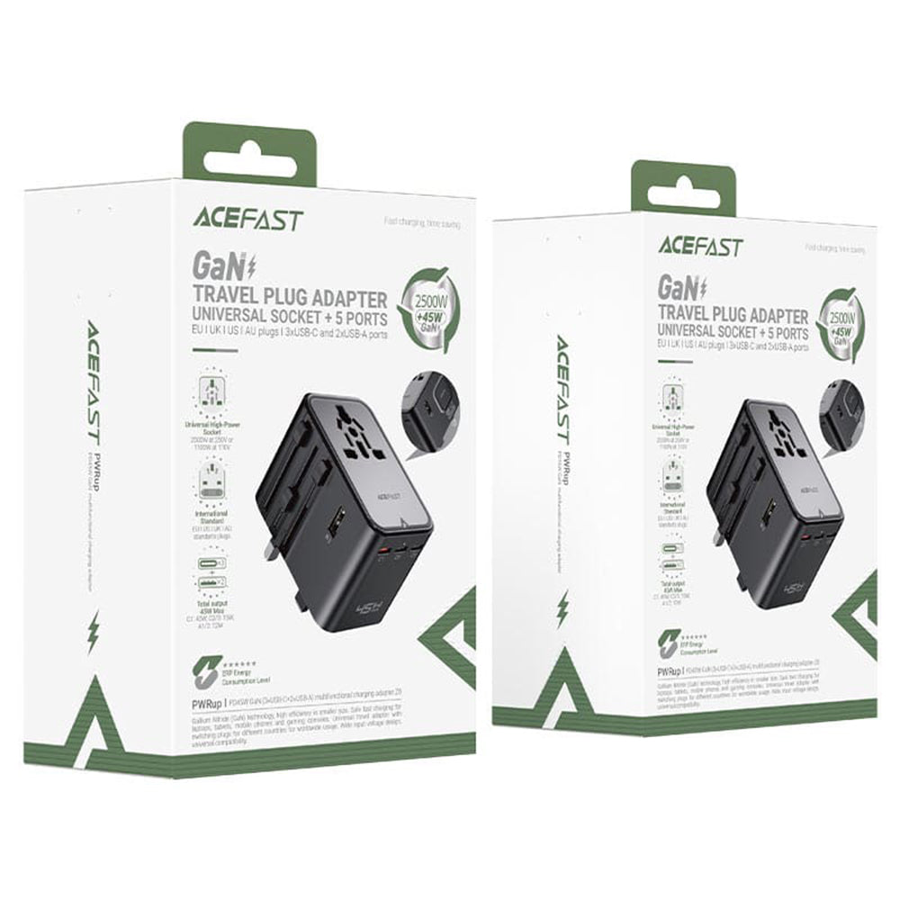 Acefast - Travel Adapter (Z8) - 3x USB-C, 2x USB, EU, UK, AUS, US, 45W, GaN Technology, Fast Charging - Black