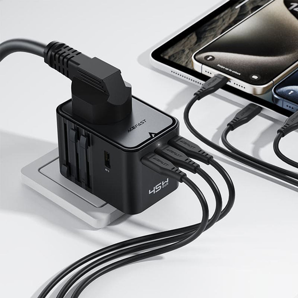 Acefast - Travel Adapter (Z8) - 3x USB-C, 2x USB, EU, UK, AUS, US, 45W, GaN Technology, Fast Charging - Black