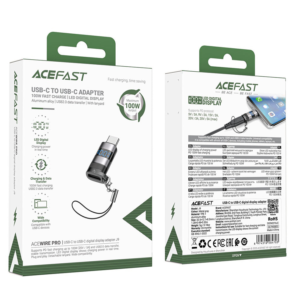 Acefast - Adapter (J9) - with Digital Display, Type-C to USB-C, 480Mbps, 20V/5A, Fast Charge, Data Transmission - Metal 
