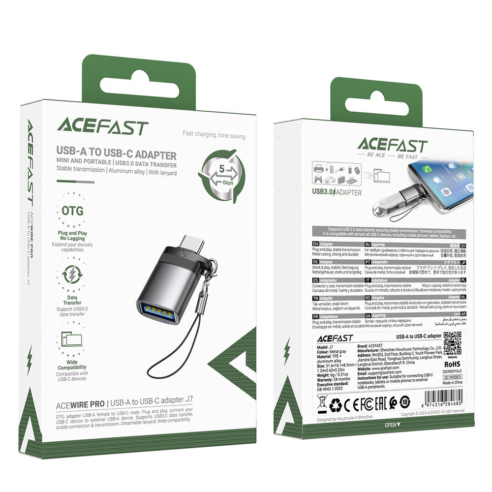 Acefast - Adapter (J7) - with OTG Function, USB to Type-C, 10Gbps Data Transmission, Fast Charging - Metal Gray