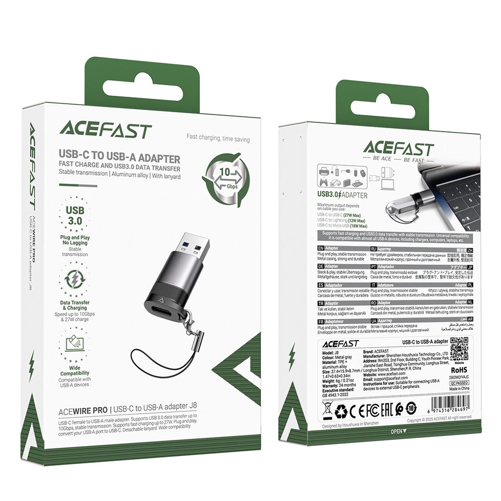 Acefast - Adapter (J8) - Type-C to USB, 10Gbps Data Transmission, 27W, Fast Charging - Metal Gray