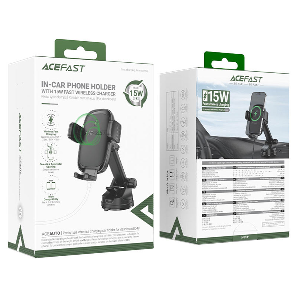 Acefast - Car Holder with Wireless Charging (D49) - for Dashboard/Windshield, Magnetic Grip, Lock Clip, 15W, for 4.7-6.9