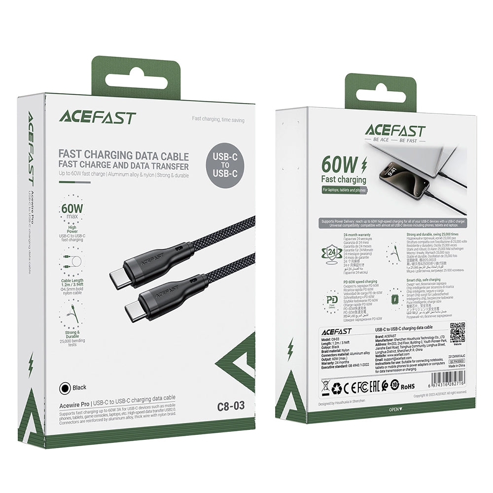 Acefast - Data Cable (C8-03) - Fast Charging, Type-C to Type-C, 60W, 3A, Nylon Braided, 25.000 Bends, 1.2m - Black