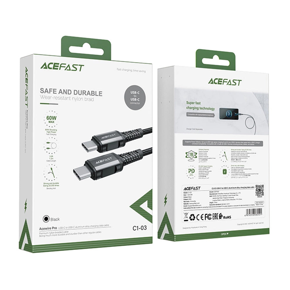 Acefast - Data Cable (C1-03) - Type-C to Type-C, 60W, 20V/3A, Fast Charging, Nylon Braid, 1.2m - Black