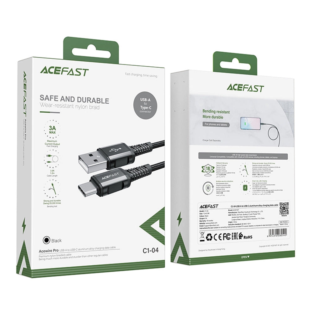 Acefast - Data Cable (C1-04) - USB to Type-C, 3A, Fast Charging, Nylon Braid, 1.2m - Black
