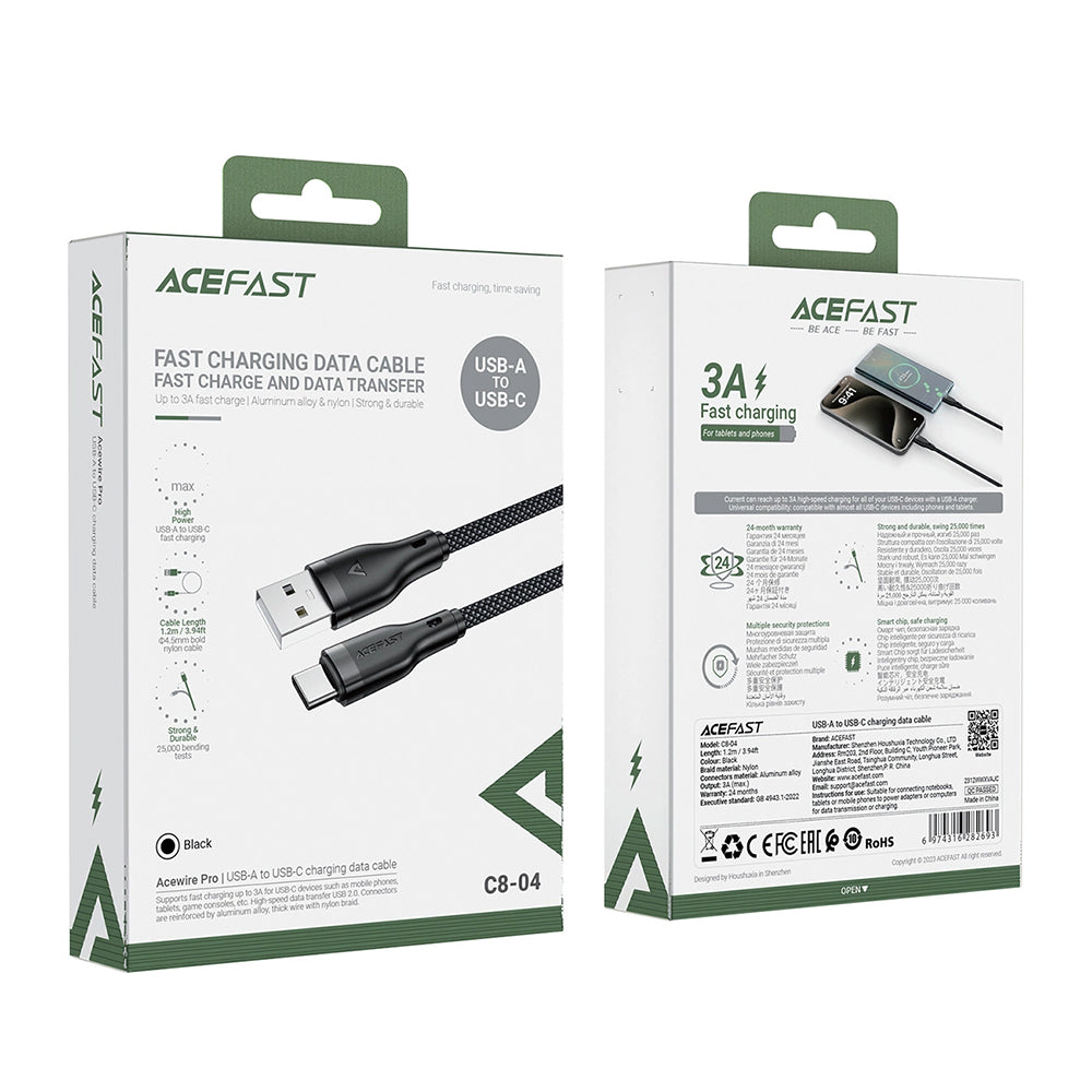 Acefast - Data Cable (C8-04) - Fast Charging, USB to Type-C, 3A, Nylon Braided, 25.000 Bends, 1.2m - Black