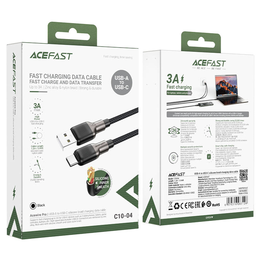 Acefast - Data Cable (C10-04) - Fast Charging, USB to Type-C, 3A, 25.000 Bends, Durable Silicone, 1.2m - Black