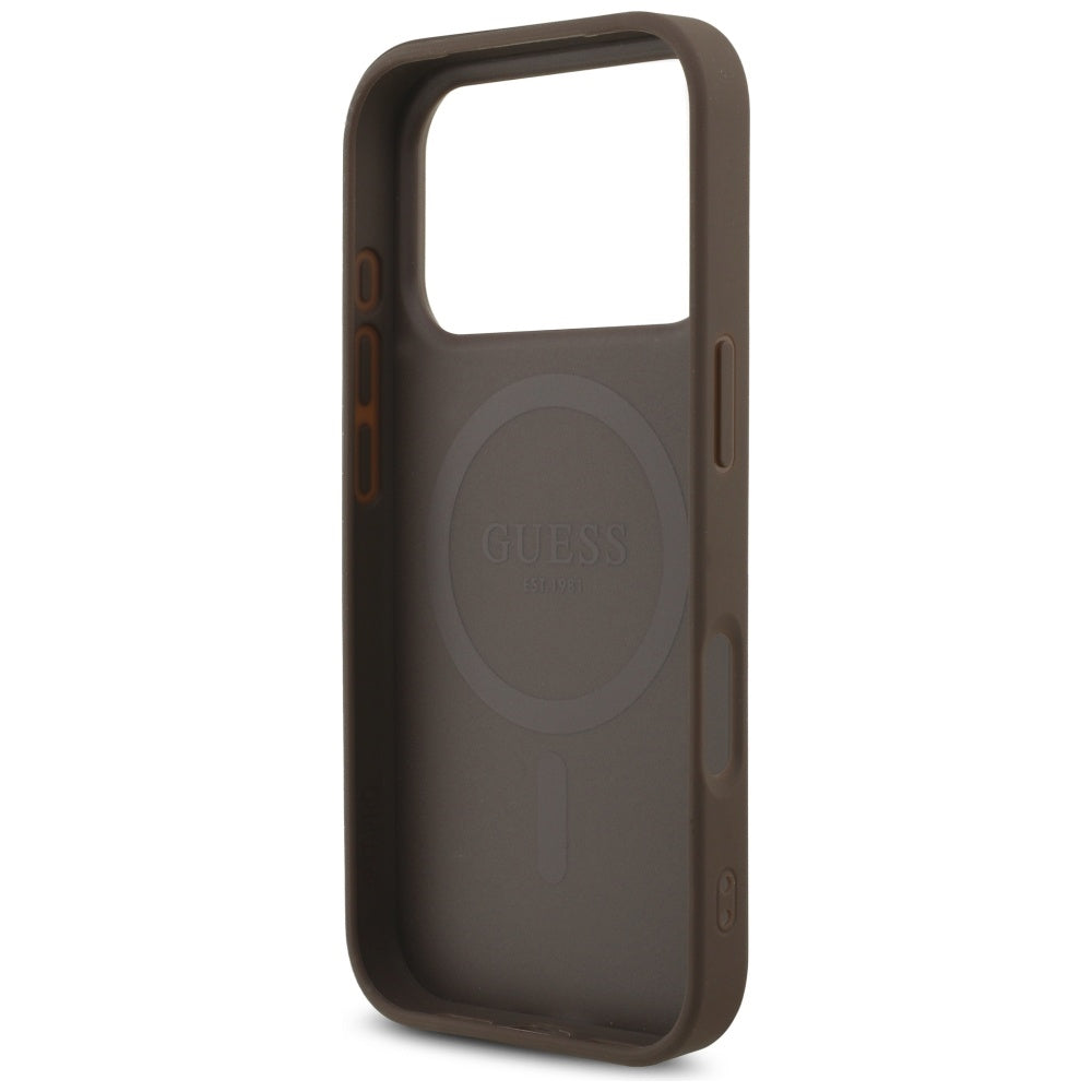 Husa pentru iPhone 17 Pro - Guess Hardcase 4G Triangle Logo MagSafe with Pearl Strap (GUHMP17LP4TSDPPSW) - Brown