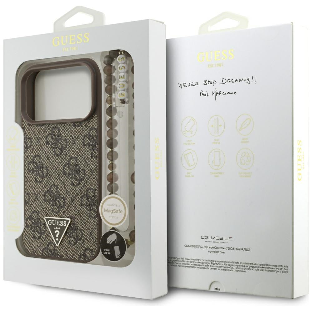 Husa pentru iPhone 17 Pro - Guess Hardcase 4G Triangle Logo MagSafe with Pearl Strap (GUHMP17LP4TSDPPSW) - Brown