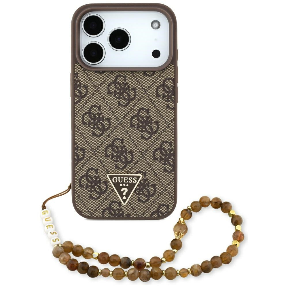 Husa pentru iPhone 17 Pro - Guess Hardcase 4G Triangle Logo MagSafe with Pearl Strap (GUHMP17LP4TSDPPSW) - Brown