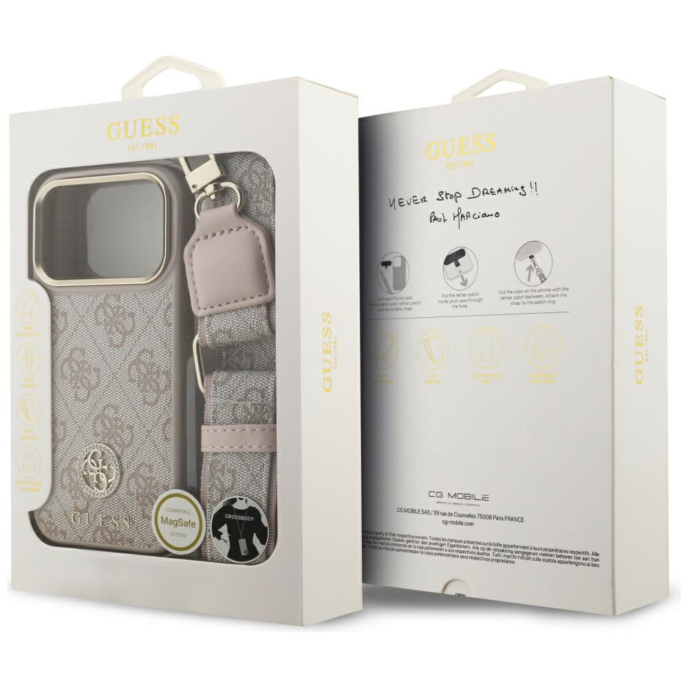 Husa pentru iPhone 17 Pro - Guess Hardcase 4G Strass Logo & Big Strap (GUHMP17LP4G4DCSP) - Pink
