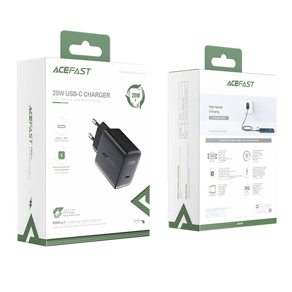 Acefast - Wall Charger (A1) - Fast Charging, Type-C, PD20W, QC 3.0, 5V/2.4A, Smart Chip, V0 Fire Protection - Black