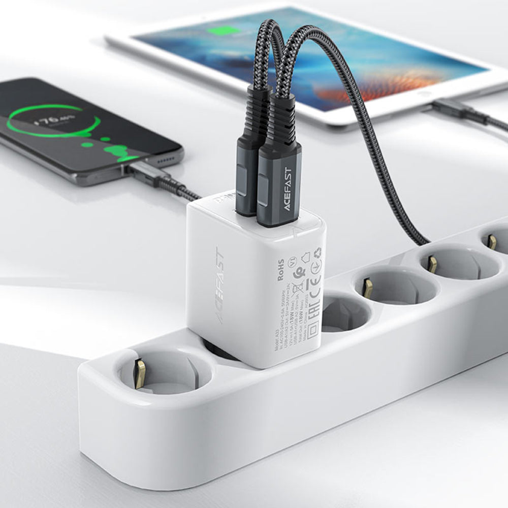 Acefast - Wall Charger (A33) - Dual Port, Fast Charge 2x USB, QC18W - Black
