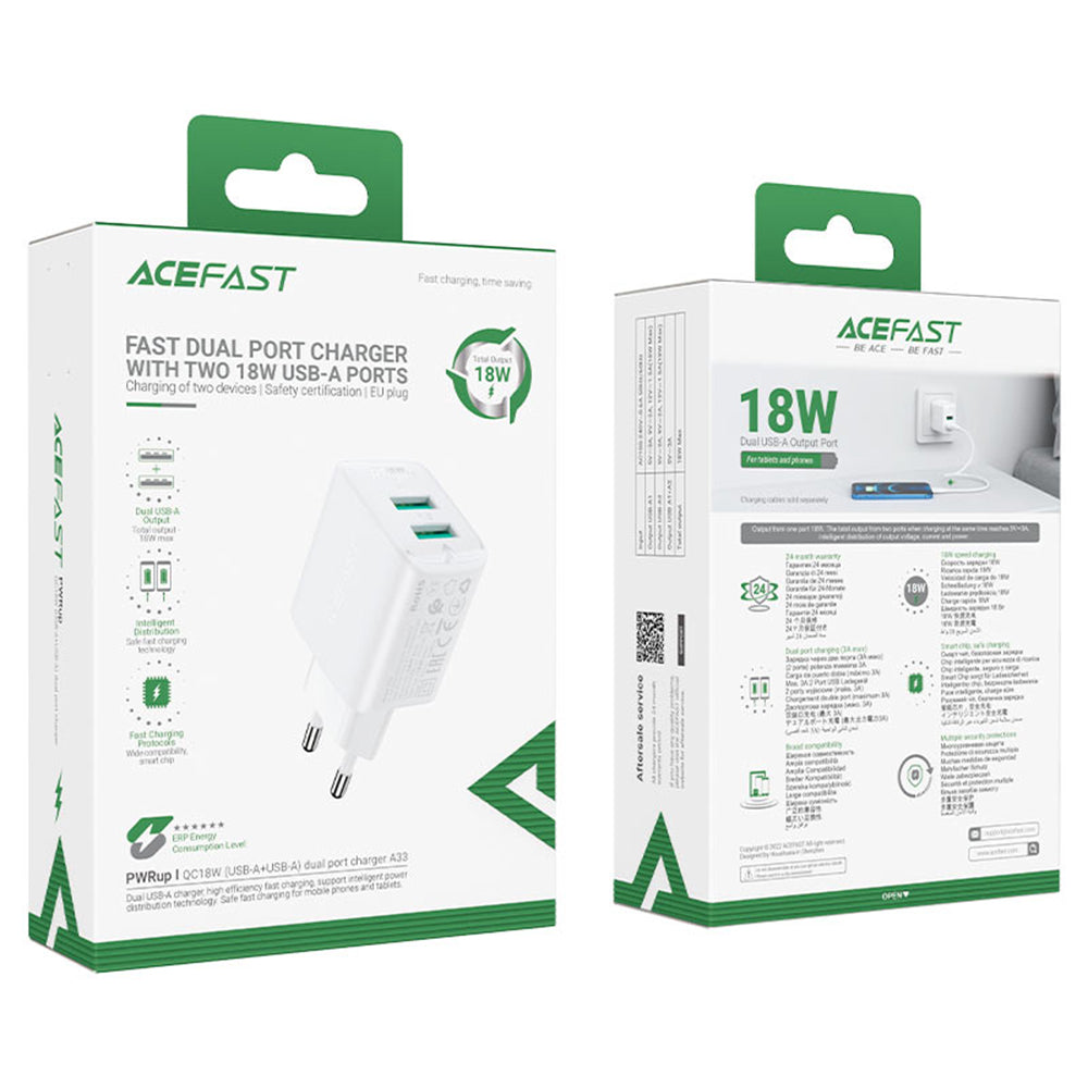 Acefast - Wall Charger (A33) - Dual Port, Fast Charge 2x USB, QC18W - Black