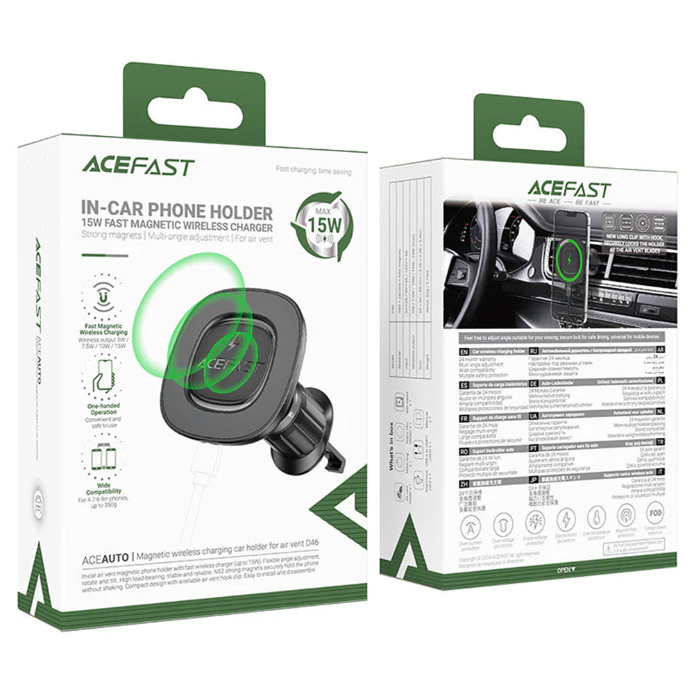 Acefast - Car Holder with Wireless Charging (D46) - for Air Vent, Magnetic Grip, Non-Slip, 15W, for 4.7 - 6.9" Phones - 