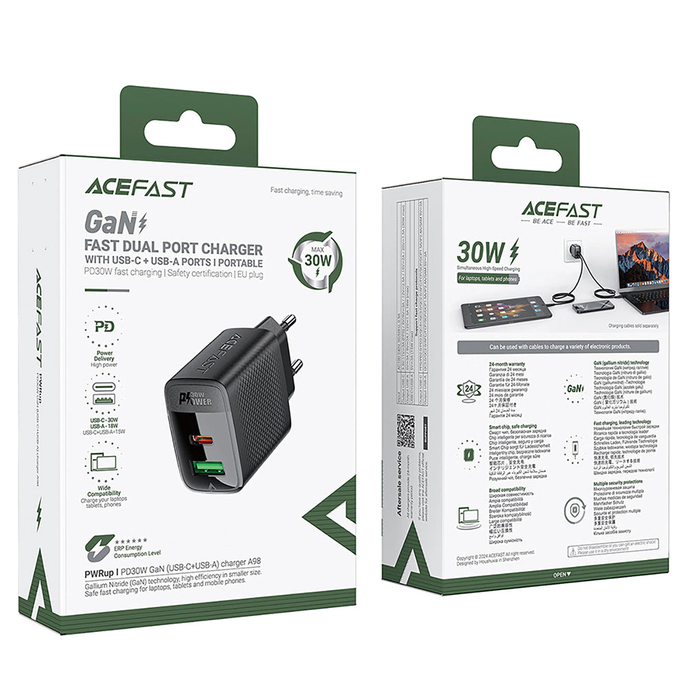 Acefast Incarcator Acefast (A98), GaN, Fast Charging, USB, Type-C, 30W, 5V/3A, Smart Chip, Negru – imagine 7