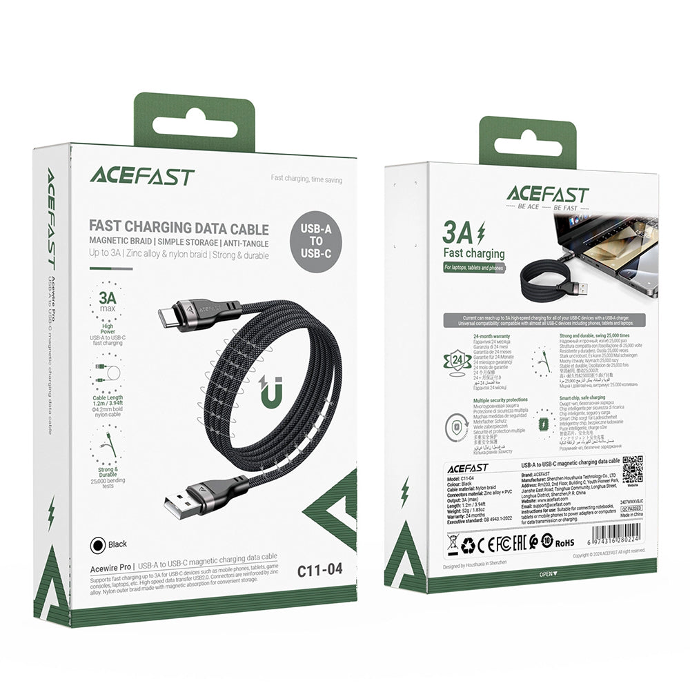 Acefast - Data Cable (C11-04) - Magnetic Winding, Fast Charging, USB to Type-C, 3A, Adjustable Lenght, 1.2m - Black