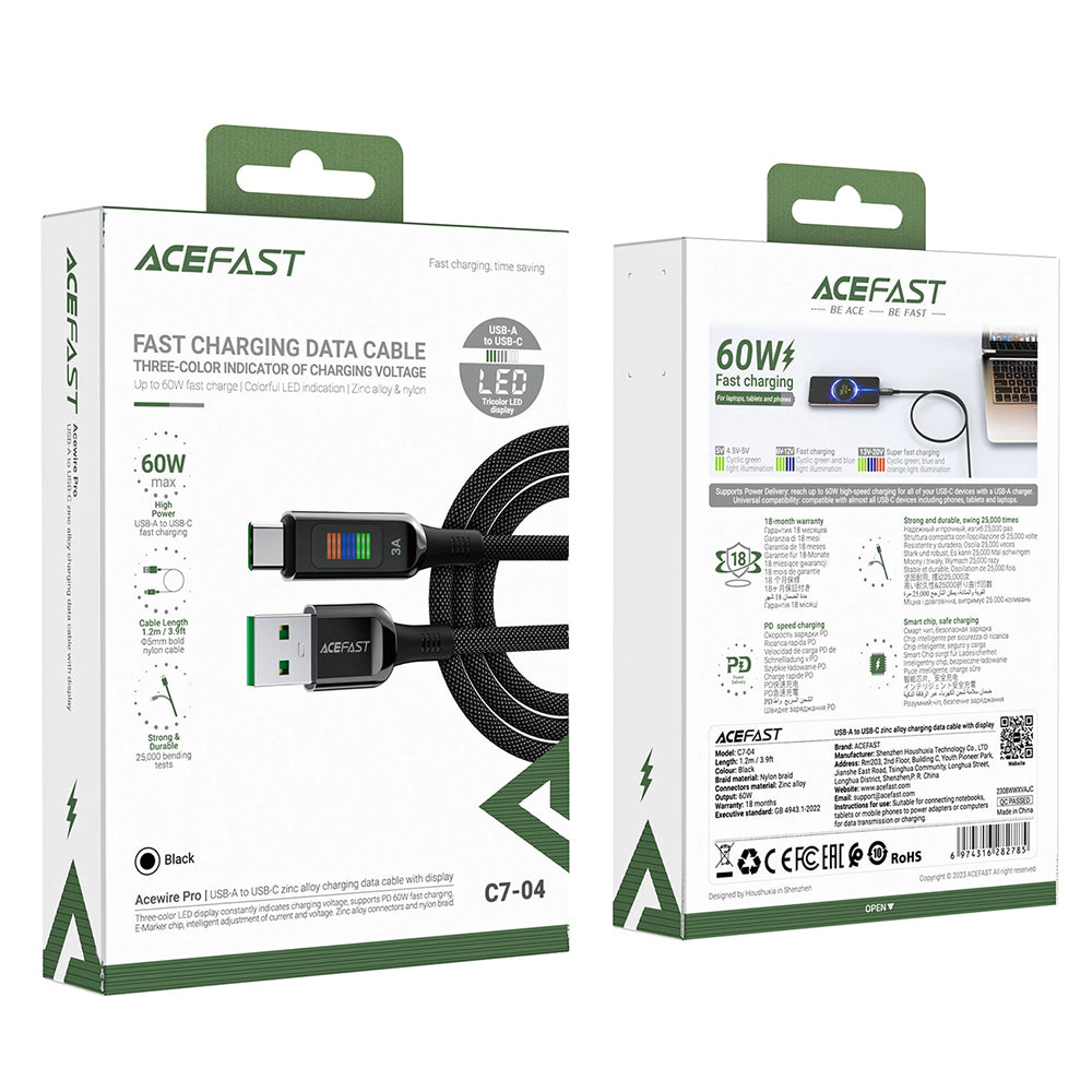 Acefast - Data Cable (C7-04) - USB to Type-C, Fast Charging, 3A, Braided Nylon, 25.000 Bends, 1.2m - Black