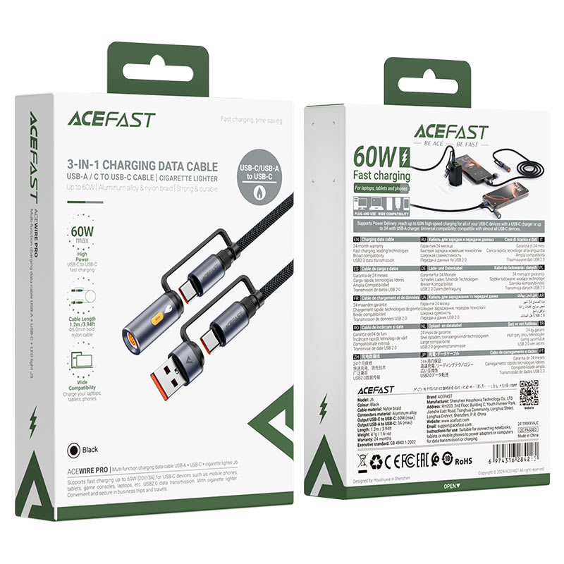 Acefast - Data Cable (J6) - Multifunction, Fast Charging, USB/USB-C to Type-C/Cigarette Lighter, 60W, 3A, 1.2m - Black