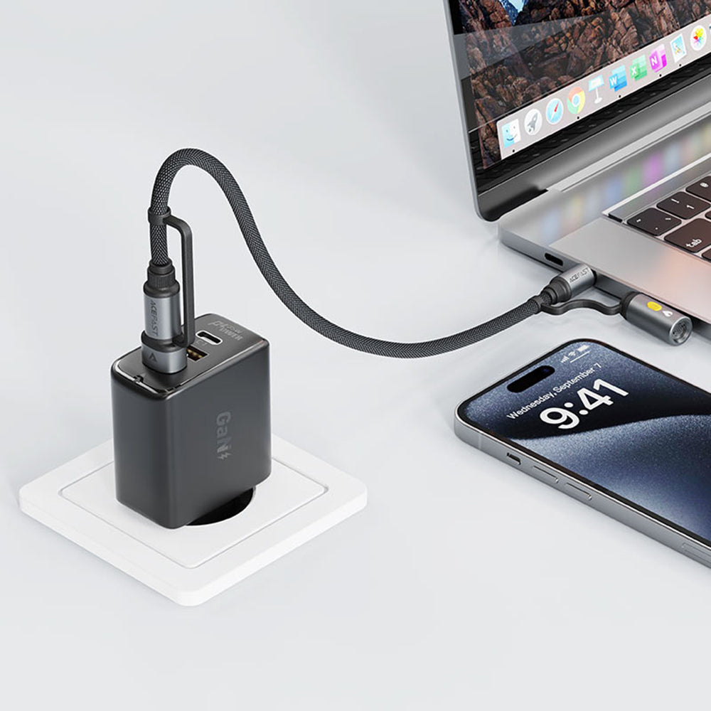 Acefast - Data Cable (J6) - Multifunction, Fast Charging, USB/USB-C to Type-C/Cigarette Lighter, 60W, 3A, 1.2m - Black
