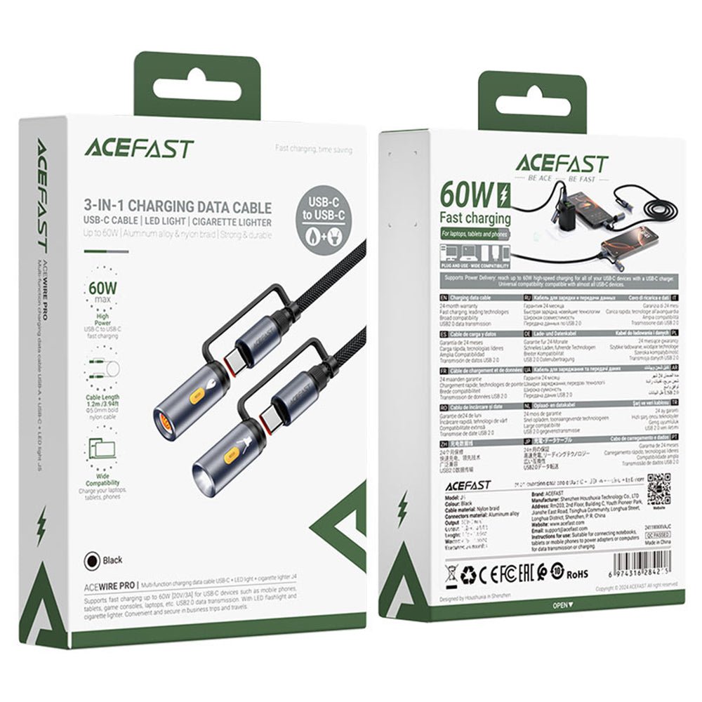 Acefast - Data Cable (J4) - Multifunction, Fast Charging, Type-C/LED Light to Type-C/Cigarette Lighter, 60W, 3A, 1.2m - 