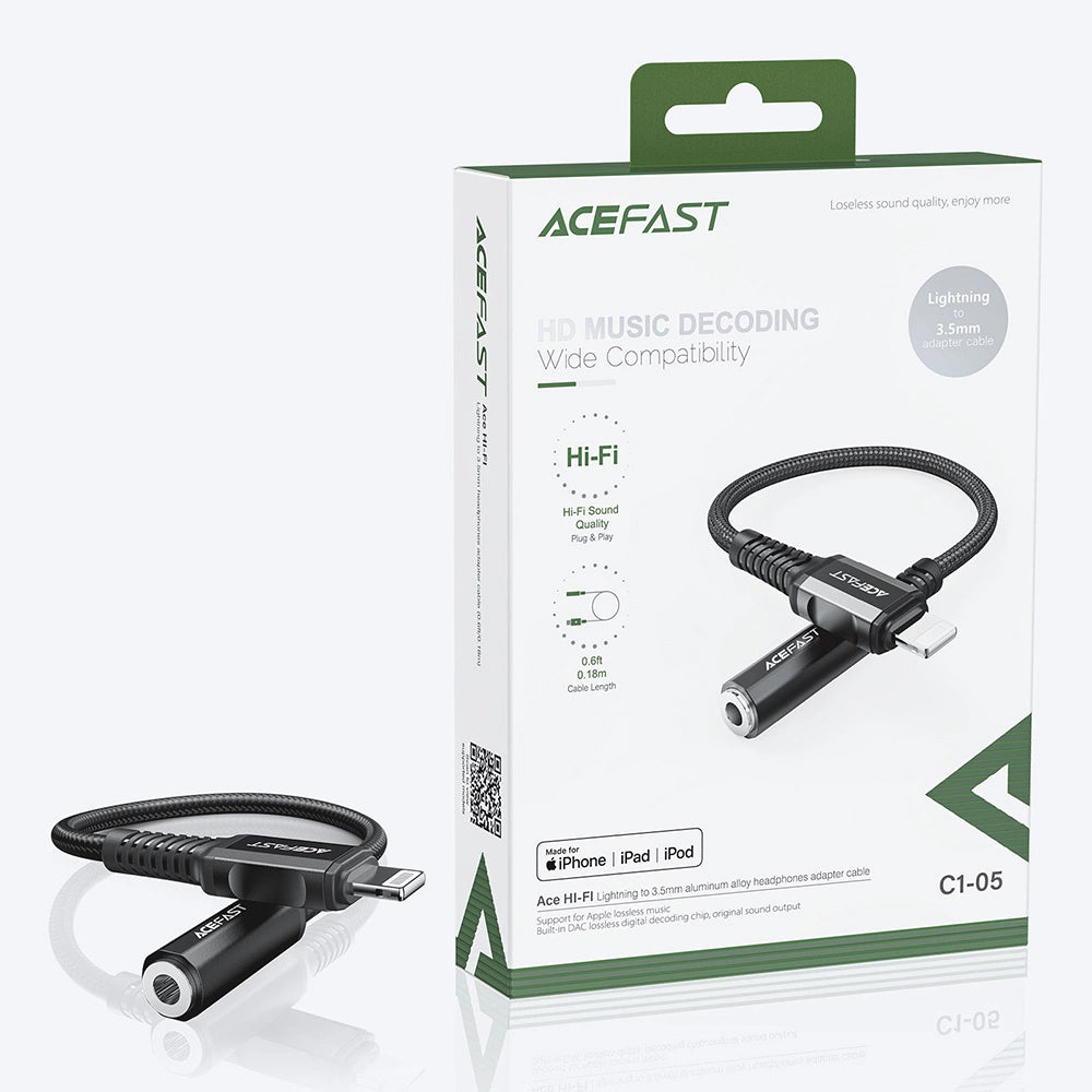 Acefast - Audio Cable Adapter (C1-05) - Lightning to Jack 3.5mm Female, Apple Hi-Fi, HD Music Decoding, MFi, 0.18m - Bla