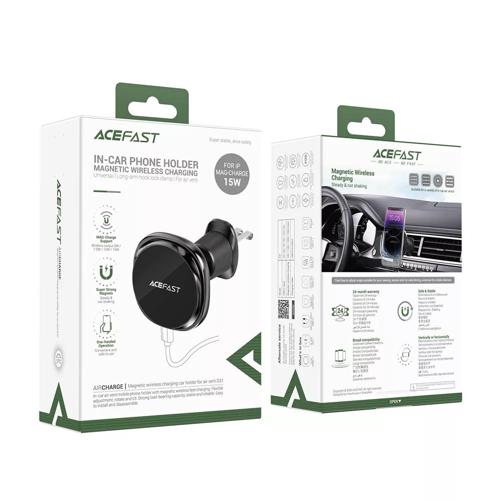 Acefast - Car Holder with Wireless Charging (D31) - for iPhone, MagSafe, 360° Adjustable, for Air Vent, 12V/2A, 15W - Bl