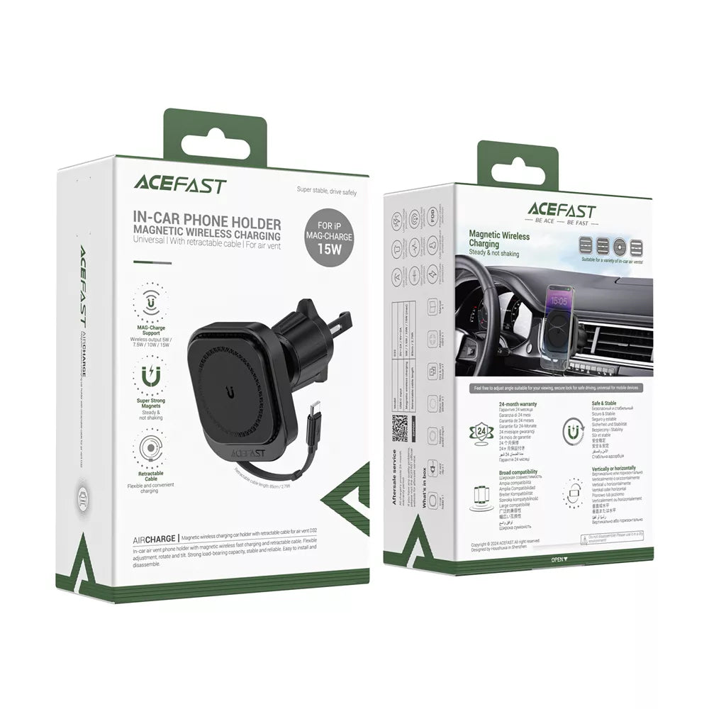 Acefast - Car Holder with Wireless Charging (D32) - for iPhone, MagSafe, Retractable Cable, for Air Vent, USB-C, 85cm - 